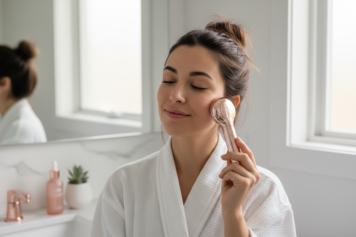 Woman using 4-in-1 skincare wand on face
